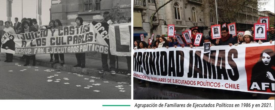 La imagen muestra dos fotografías paralelas. En ambas hay mujeres sosteniendo banderas de la AFEP. La foto de la izquierda es de 1986 y está en blanco y negro. La de la derecha está en colores y es de 2021,