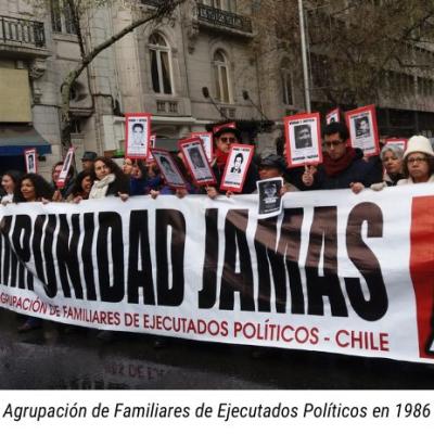 La imagen muestra dos fotografías paralelas. En ambas hay mujeres sosteniendo banderas de la AFEP. La foto de la izquierda es de 1986 y está en blanco y negro. La de la derecha está en colores y es de 2021,